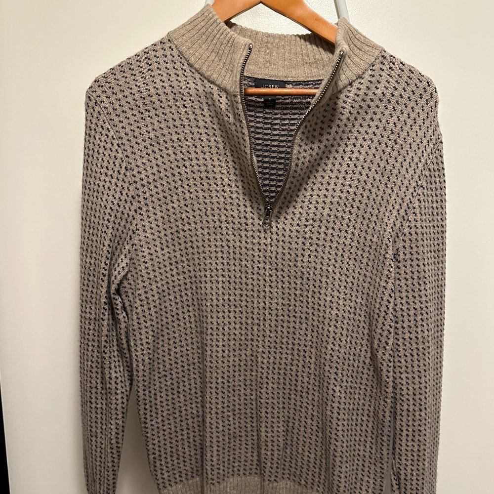 J Crew - Beige Quarter Zip with Navy Patterns - Size Small